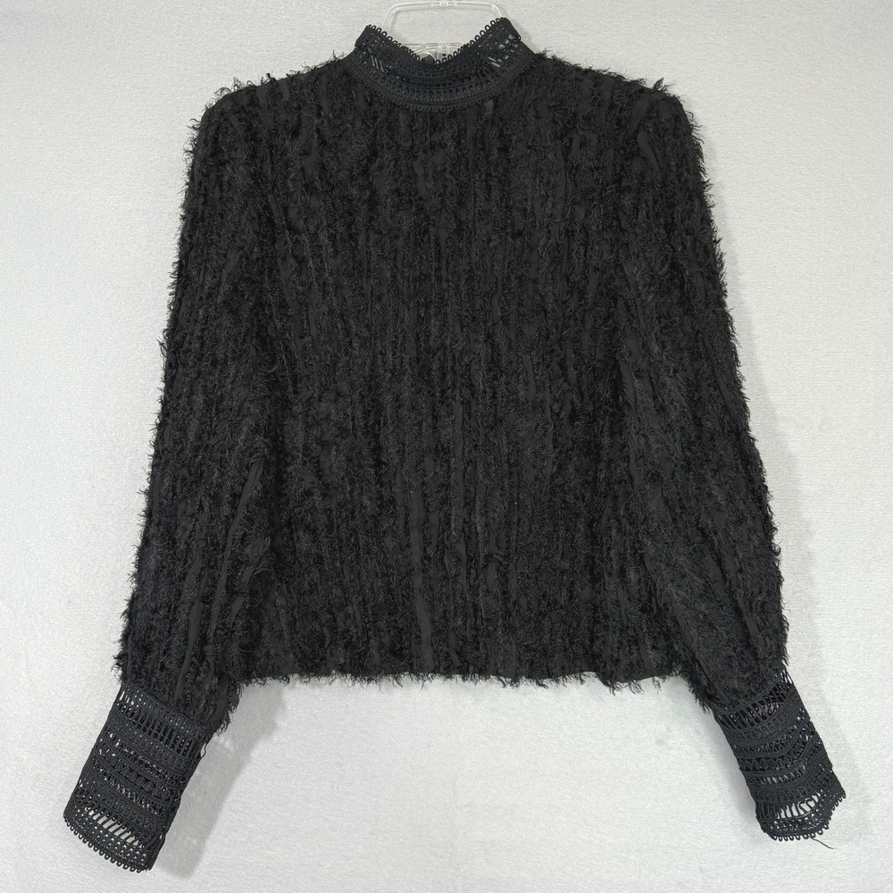 Stellah‎ Eyelash Fringe Lace Mock Neck Top Womens Size S Black Gothic Whimsigoth